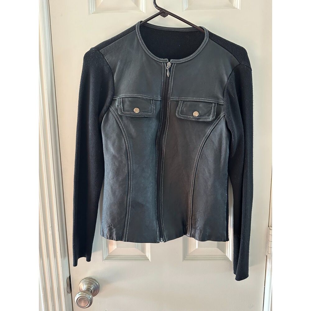 Vintage Black Leather Knit Jacket Contrast Stitch Zip Up Bomber Sweater M L y2k